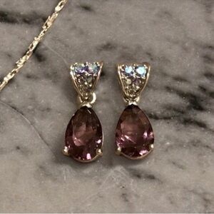 Vintage Avon Purple Amethyst Pear Pendant Glass Crystal Silver Pierced Earrings